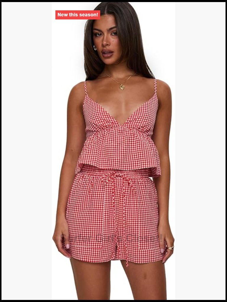 Two-Piece Gingham Set With Adjustable Straps And Ruched Back